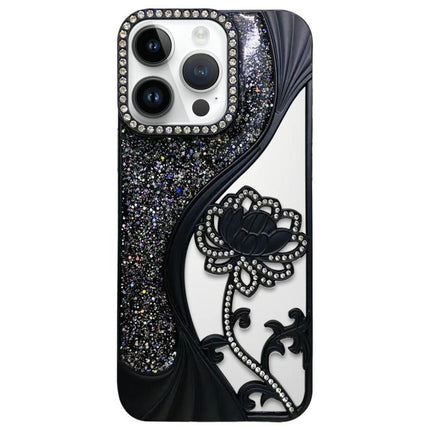 Electroplated TPU Lotus Hollow-carved  Rhinestone Glitter Phone Case, For iPhone 14 Pro, For iPhone 14 Pro Max, For iPhone 13 Pro Max, For iPhone 13 Pro