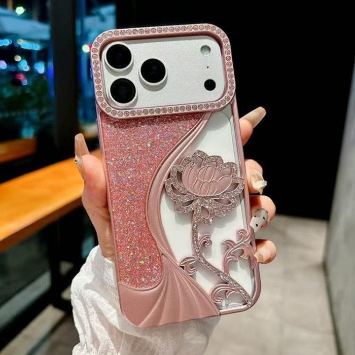 Electroplated TPU Lotus Hollow-carved  Rhinestone Glitter Phone Case, For iPhone 18 Pro, For iPhone 18 Pro Max, For iPhone 17 Pro Max, For iPhone 17 Pro