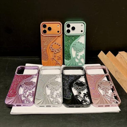 Electroplated TPU Lotus Hollow-carved  Rhinestone Glitter Phone Case, For iPhone 14 Pro, For iPhone 14 Pro Max, For iPhone 13 Pro Max, For iPhone 13 Pro