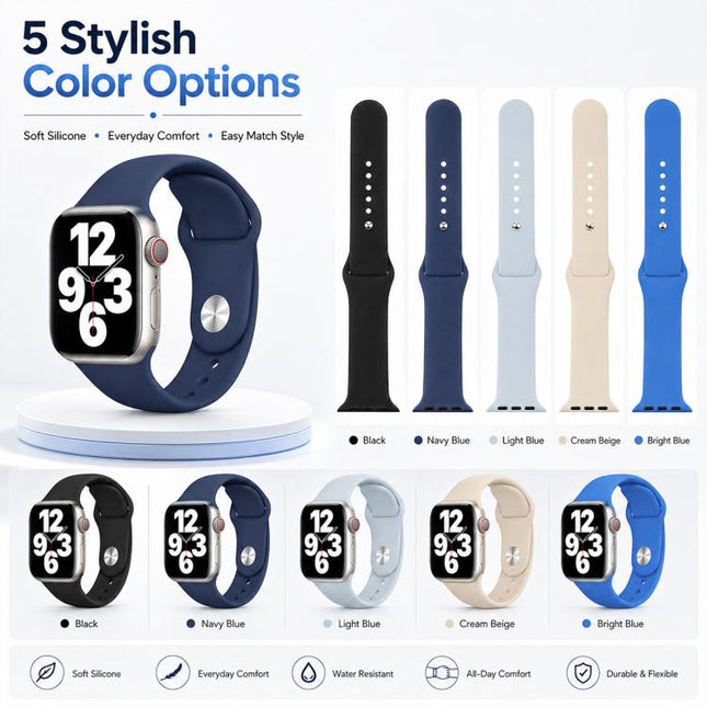 5 Pack xDfind Solid Color Silicone Sports Watch Band, For Apple Watch 42 / 44 / 45 / 46 / 49mm, For Apple Watch 38 / 40 / 41 / S11 42mm