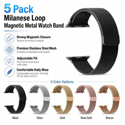 5 Pack xDfind Milanese Loop Magnetic Metal Watch Band, For Apple Watch 42 / 44 / 45 / 46 / 49mm, For Apple Watch 38 / 40 / 41 / S11 42mm