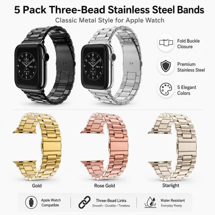 5 Pack xDfind Three Beads Fold Buckle Stainless Steel Watch Band, For Apple Watch 42 / 44 / 45 / 46 / 49mm, For Apple Watch 38 / 40 / 41 / S11 42mm