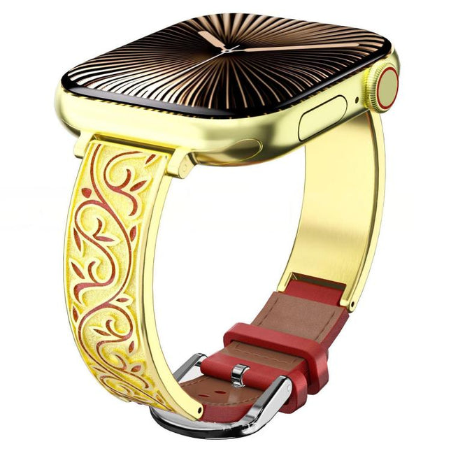 xDfind Retro Floral Carving Stainless Steel Hybrid Genuine Leather Watch Band, For Apple Watch 42 / 44 / 45 / 46 / 49mm, For Apple Watch 38 / 40 / 41 / S11 42mm