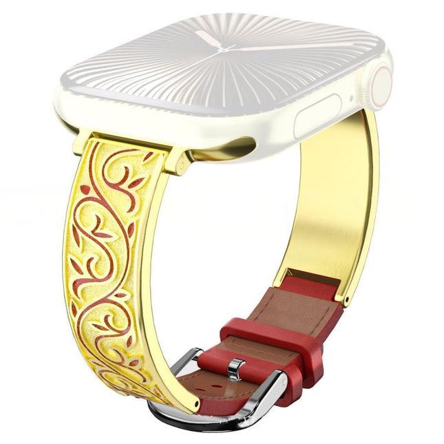 xDfind Retro Floral Carving Stainless Steel Hybrid Genuine Leather Watch Band, For Apple Watch 42 / 44 / 45 / 46 / 49mm, For Apple Watch 38 / 40 / 41 / S11 42mm