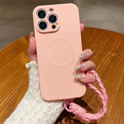 Solid Color Liquid Silicone Magnetic Phone Case with Lanyard, For iPhone 16 Pro Max