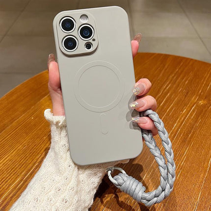 Solid Color Liquid Silicone Magnetic Phone Case with Lanyard, For iPhone 16 Pro