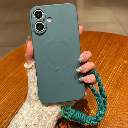 Solid Color Liquid Silicone Magnetic Phone Case with Lanyard, For iPhone 16