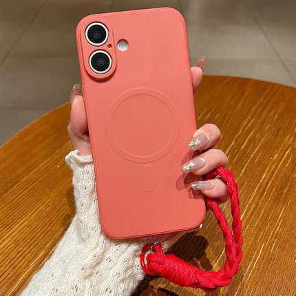 Solid Color Liquid Silicone Magnetic Phone Case with Lanyard, For iPhone 16