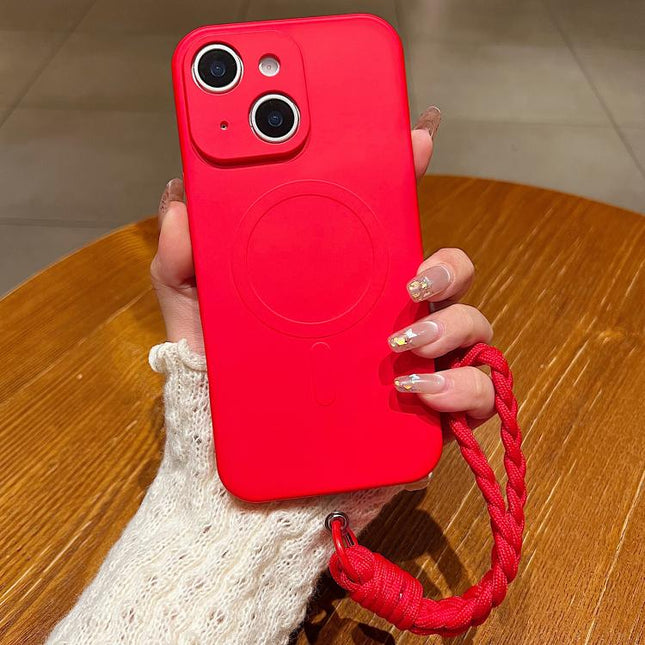Solid Color Liquid Silicone Magnetic Phone Case with Lanyard, For iPhone 15