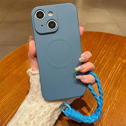 Solid Color Liquid Silicone Magnetic Phone Case with Lanyard, For iPhone 15