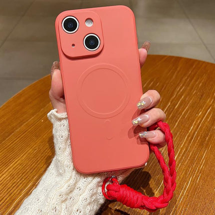 Solid Color Liquid Silicone Magnetic Phone Case with Lanyard, For iPhone 15
