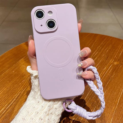 Solid Color Liquid Silicone Magnetic Phone Case with Lanyard, For iPhone 15