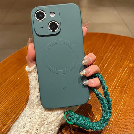 Solid Color Liquid Silicone Magnetic Phone Case with Lanyard, For iPhone 14