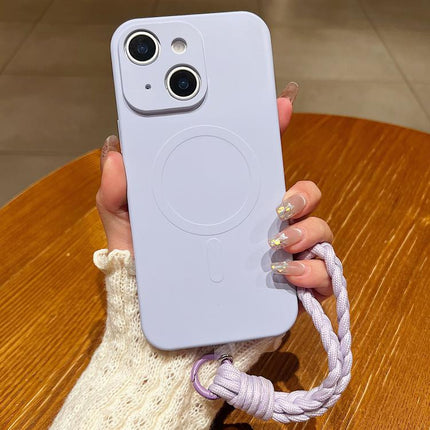 Solid Color Liquid Silicone Magnetic Phone Case with Lanyard, For iPhone 14