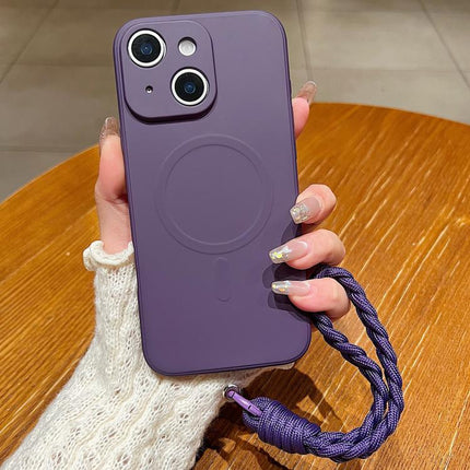 Solid Color Liquid Silicone Magnetic Phone Case with Lanyard, For iPhone 14