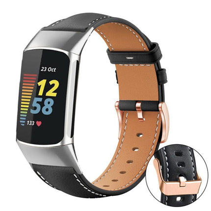 xDfind Rose Gold Buckle Black Shark Fine Grain Vegan Leather Watch Band, For Fitbit Charge 6 / 5, For Fitbit Versa 4 / 3 / Sense2 / 1, For Fitbit Versa 2/Versa/Versa Lite/Blaze, For Fitbit Charge 4 / 3