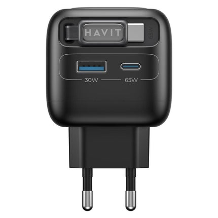 Havit UC253 65W 3 in 1 GaN Travel Charger with Type-C Retractable Cable, UC253(EU Plug)