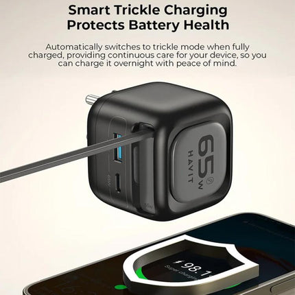 Havit UC253 65W 3 in 1 GaN Travel Charger with Type-C Retractable Cable, UC253(EU Plug)