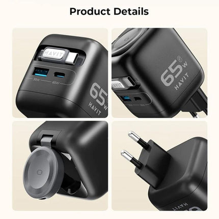 Havit UC253 65W 3 in 1 GaN Travel Charger with Type-C Retractable Cable, UC253(EU Plug)
