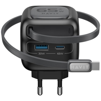 Havit UC253 65W 3 in 1 GaN Travel Charger with Type-C Retractable Cable, UC253(EU Plug)