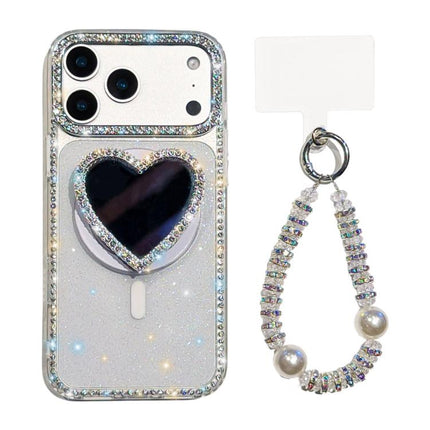 Sparkling IMD Heart-Shaped Mirror Magnetic Phone Case with Bracelet, For iPhone 17 Pro Max, For iPhone 17 Pro, For iPhone 17, For iPhone Air
