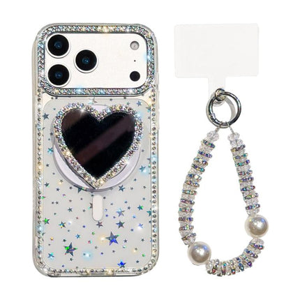 Sparkling IMD Heart-Shaped Mirror Magnetic Phone Case with Bracelet, For iPhone 17 Pro Max, For iPhone 17 Pro, For iPhone 17, For iPhone Air