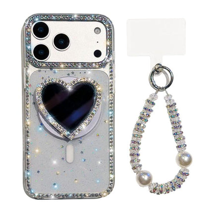 Sparkling IMD Heart-Shaped Mirror Magnetic Phone Case with Bracelet, For iPhone 17 Pro Max, For iPhone 17 Pro, For iPhone 17, For iPhone Air