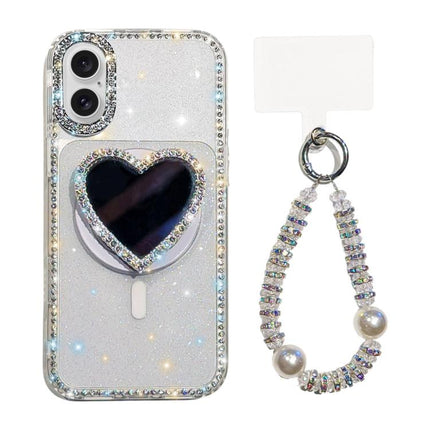 Sparkling IMD Heart-Shaped Mirror Magnetic Phone Case with Bracelet, For iPhone 17 Pro Max, For iPhone 17 Pro, For iPhone 17, For iPhone Air