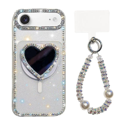Sparkling IMD Heart-Shaped Mirror Magnetic Phone Case with Bracelet, For iPhone 17 Pro Max, For iPhone 17 Pro, For iPhone 17, For iPhone Air