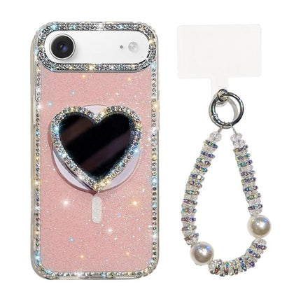 Sparkling IMD Heart-Shaped Mirror Magnetic Phone Case with Bracelet, For iPhone 17 Pro Max, For iPhone 17 Pro, For iPhone 17, For iPhone Air