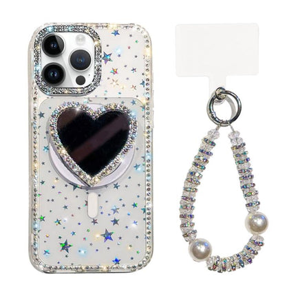 Sparkling IMD Heart-Shaped Mirror Magnetic Phone Case with Bracelet, For iPhone 16 Pro Max, For iPhone 16 Pro, For iPhone 16, For iPhone 15 Pro Max