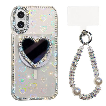 Sparkling IMD Heart-Shaped Mirror Magnetic Phone Case with Bracelet, For iPhone 16 Pro Max, For iPhone 16 Pro, For iPhone 16, For iPhone 15 Pro Max