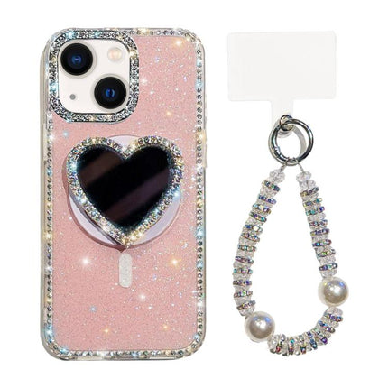 Sparkling IMD Heart-Shaped Mirror Magnetic Phone Case with Bracelet, For iPhone 15 Pro, For iPhone 15, For iPhone 14, For iPhone 14 Pro