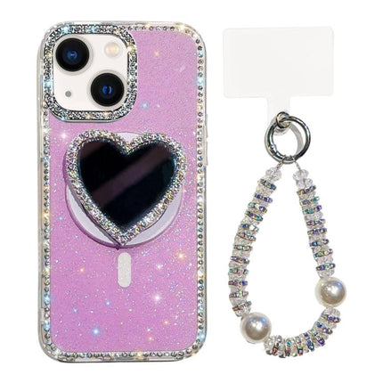 Sparkling IMD Heart-Shaped Mirror Magnetic Phone Case with Bracelet, For iPhone 15 Pro, For iPhone 15, For iPhone 14, For iPhone 14 Pro