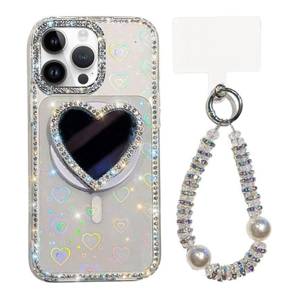 Sparkling IMD Heart-Shaped Mirror Magnetic Phone Case with Bracelet, For iPhone 14 Pro Max, For iPhone 13 Pro Max, For iPhone 13 Pro, For iPhone 13