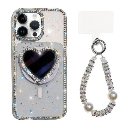 Sparkling IMD Heart-Shaped Mirror Magnetic Phone Case with Bracelet, For iPhone 14 Pro Max, For iPhone 13 Pro Max, For iPhone 13 Pro, For iPhone 13