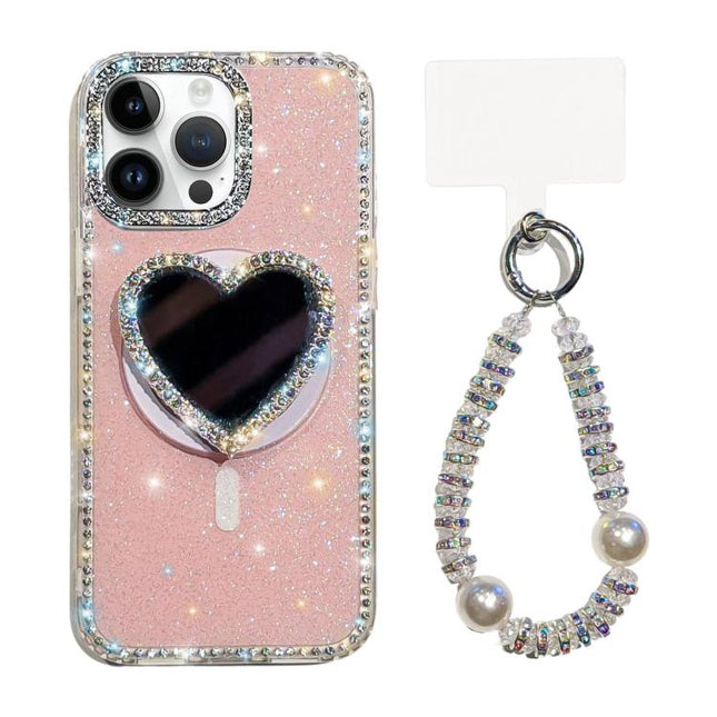 Sparkling IMD Heart-Shaped Mirror Magnetic Phone Case with Bracelet, For iPhone 14 Pro Max, For iPhone 13 Pro Max, For iPhone 13 Pro, For iPhone 13