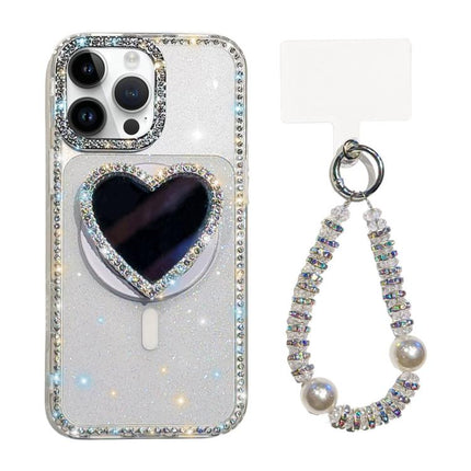 Sparkling IMD Heart-Shaped Mirror Magnetic Phone Case with Bracelet, For iPhone 14 Pro Max, For iPhone 13 Pro Max, For iPhone 13 Pro, For iPhone 13