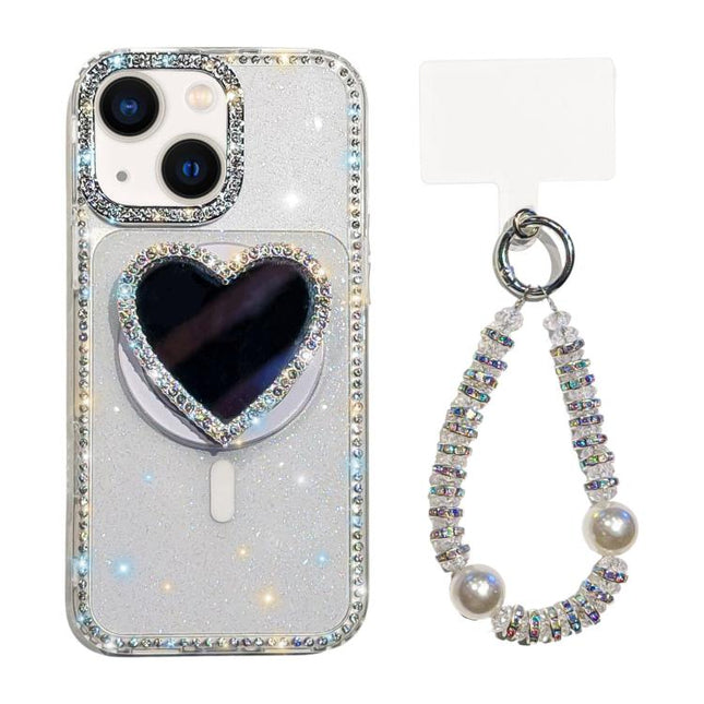 Sparkling IMD Heart-Shaped Mirror Magnetic Phone Case with Bracelet, For iPhone 14 Pro Max, For iPhone 13 Pro Max, For iPhone 13 Pro, For iPhone 13