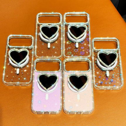 Sparkling IMD Heart-Shaped Mirror Magnetic Phone Case with Bracelet, For iPhone 16 Pro Max, For iPhone 16 Pro, For iPhone 16, For iPhone 15 Pro Max