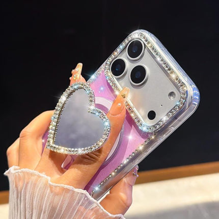 Sparkling IMD Heart-Shaped Mirror Magnetic Phone Case with Bracelet, For iPhone 15 Pro, For iPhone 15, For iPhone 14, For iPhone 14 Pro