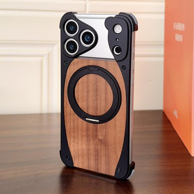 Walnut Metal Frameless 360 Degree Rotation Holder MagSafe Phone Case, For iPhone 17 Pro Max, For iPhone 17 Pro
