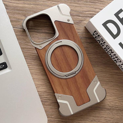 Armor Walnut Wood Metal Frameless 360 Rotation Holder Magnetic Phone Case, For iPhone 16 Pro Max, For iPhone 16 Pro