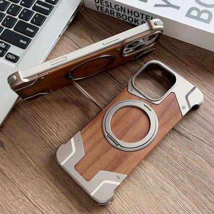 Armor Walnut Wood Metal Frameless 360 Rotation Holder Magnetic Phone Case, For iPhone 16 Pro Max, For iPhone 16 Pro