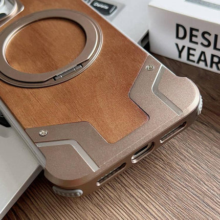 Armor Walnut Wood Metal Frameless 360 Rotation Holder Magnetic Phone Case, For iPhone 16 Pro Max, For iPhone 16 Pro