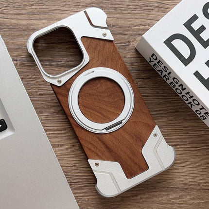 Armor Walnut Wood Metal Frameless 360 Rotation Holder Magnetic Phone Case, For iPhone 14 Pro, For iPhone 14 Pro Max, For iPhone 13 Pro Max