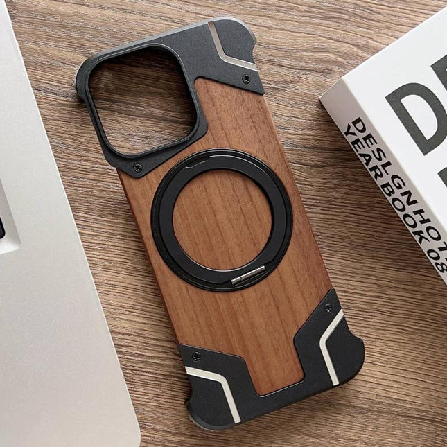 Armor Walnut Wood Metal Frameless 360 Rotation Holder Magnetic Phone Case, For iPhone 14 Pro, For iPhone 14 Pro Max, For iPhone 13 Pro Max