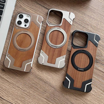 Armor Walnut Wood Metal Frameless 360 Rotation Holder Magnetic Phone Case, For iPhone 14 Pro, For iPhone 14 Pro Max, For iPhone 13 Pro Max