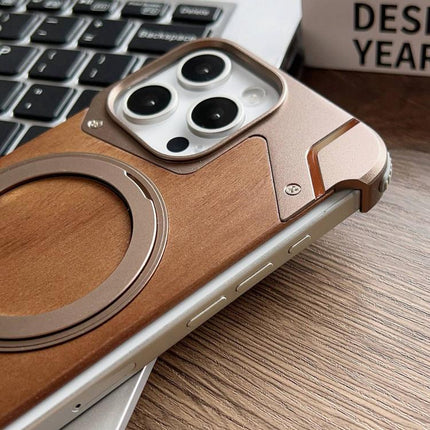 Armor Walnut Wood Metal Frameless 360 Rotation Holder Magnetic Phone Case, For iPhone 14 Pro, For iPhone 14 Pro Max, For iPhone 13 Pro Max