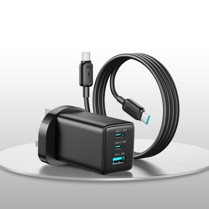 JOYROOM JR-TG10 65W GaN Dual Type-C, USB 3-Port Charger with Type-C to Type-C Cable, EU Plug, UK Plug